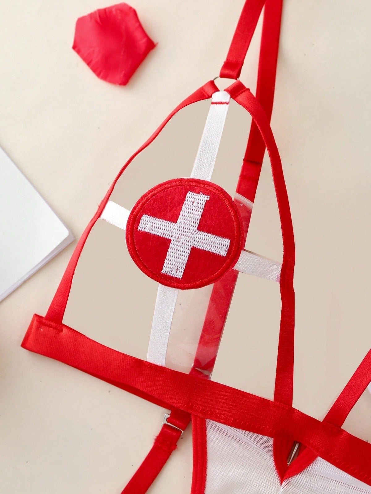 Nurse Costume Lingerie White Red Cross Teddy Bodysuit Garter Harness Set