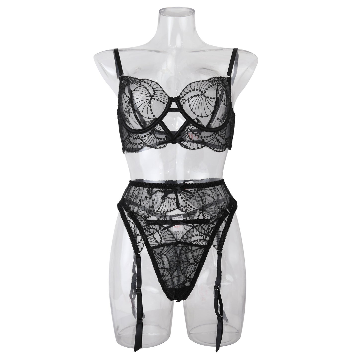 Choker Floral Lace Underwire Bra Sheer Garter Belt Panties Ultra-Sexy 3-Piece Lingerie Set