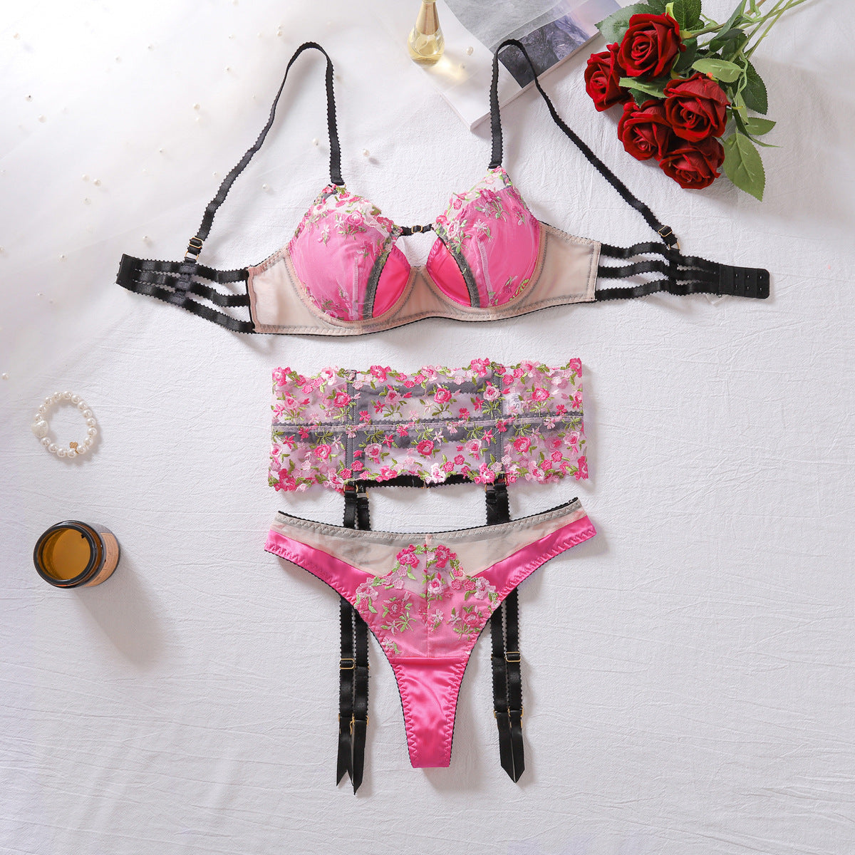 Floral Embroidered Sheer Mesh Underwire Bra Alluring G-String Garter Belt Sexy Lingerie Trio