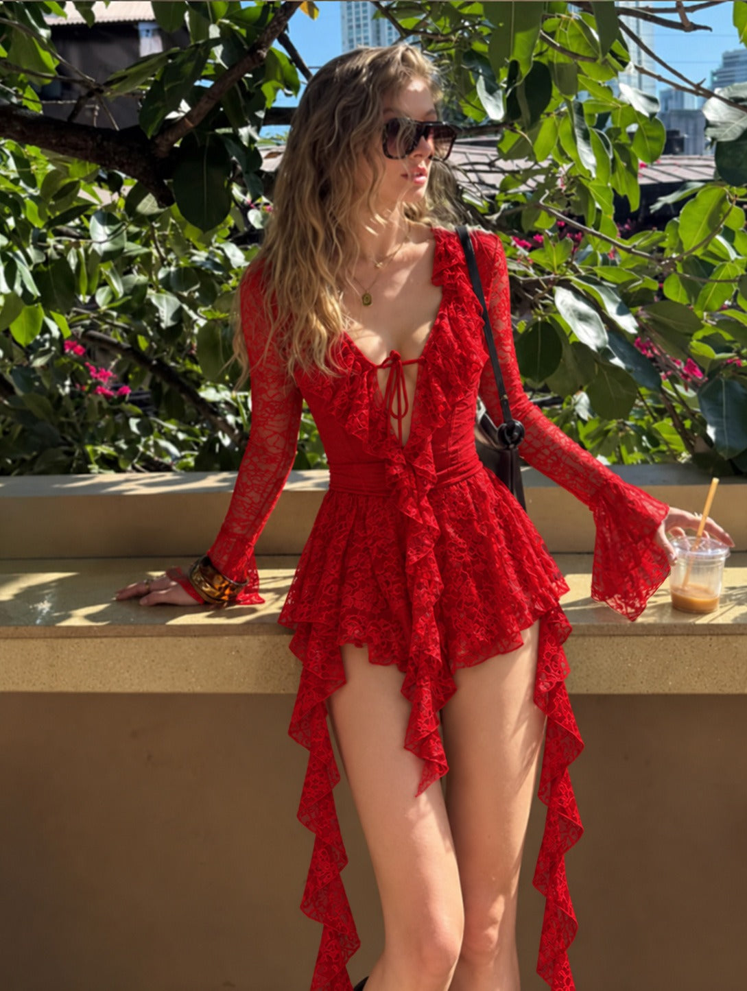 Lace Babydoll Lingerie Deep V Long Sleeve High Low Slit Chemise