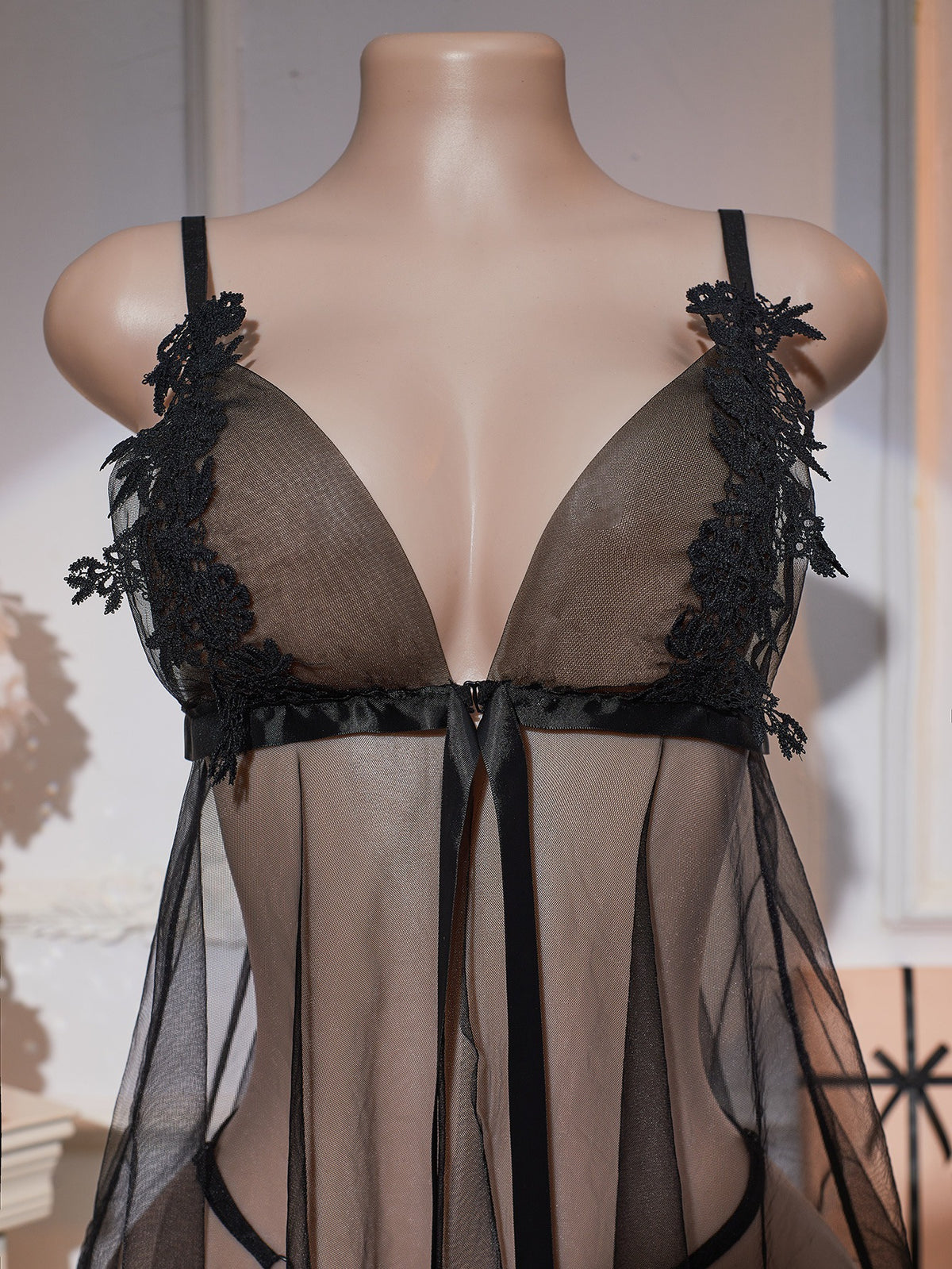Black Sheer Mesh Babydoll Lingerie Deep V Lace Trim Strappy