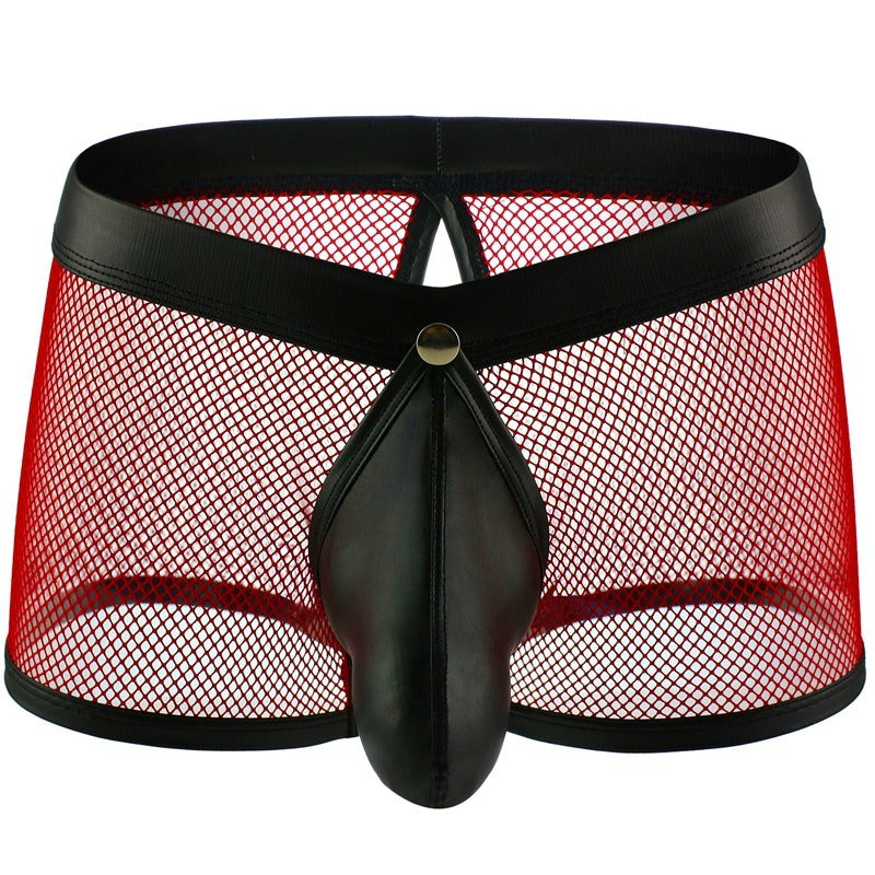 Men's Neon Mesh Boxer Briefs PU Leather Trim Pouch Low Rise Underwear