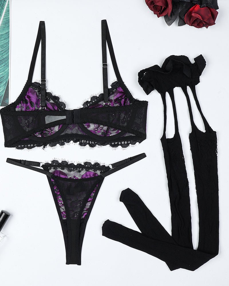 Skull Lace Stockings Bra Set
