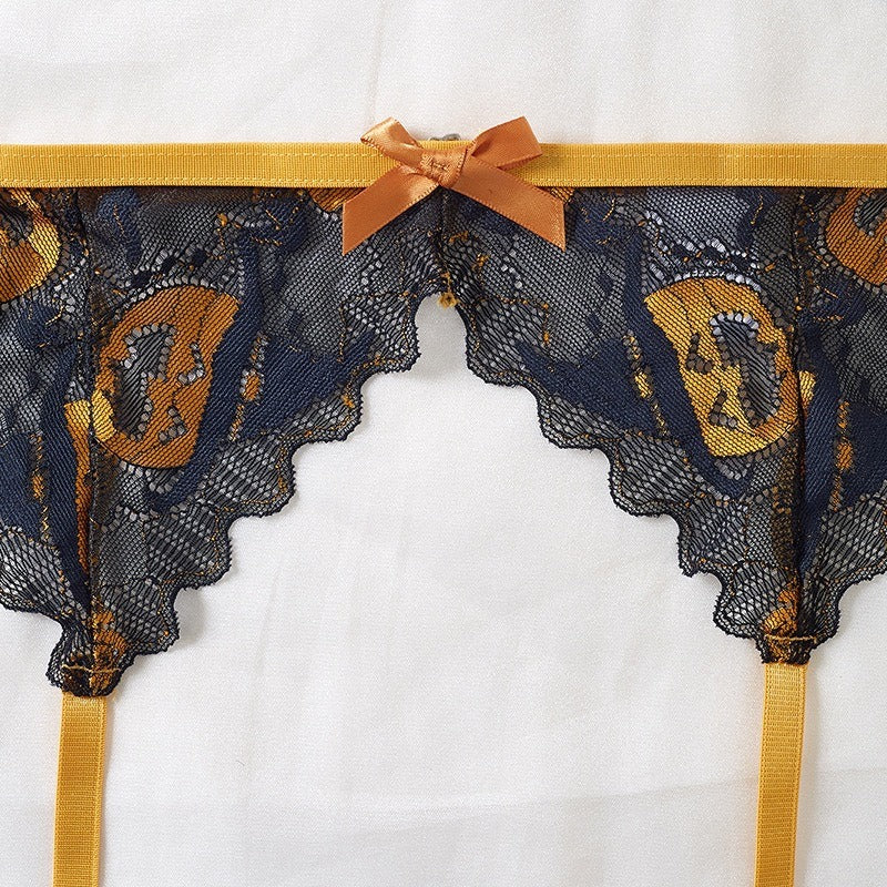 Halloween Pumpkin Print Lingerie Set 3 Piece Lace Bralette Garter Belt & Thong