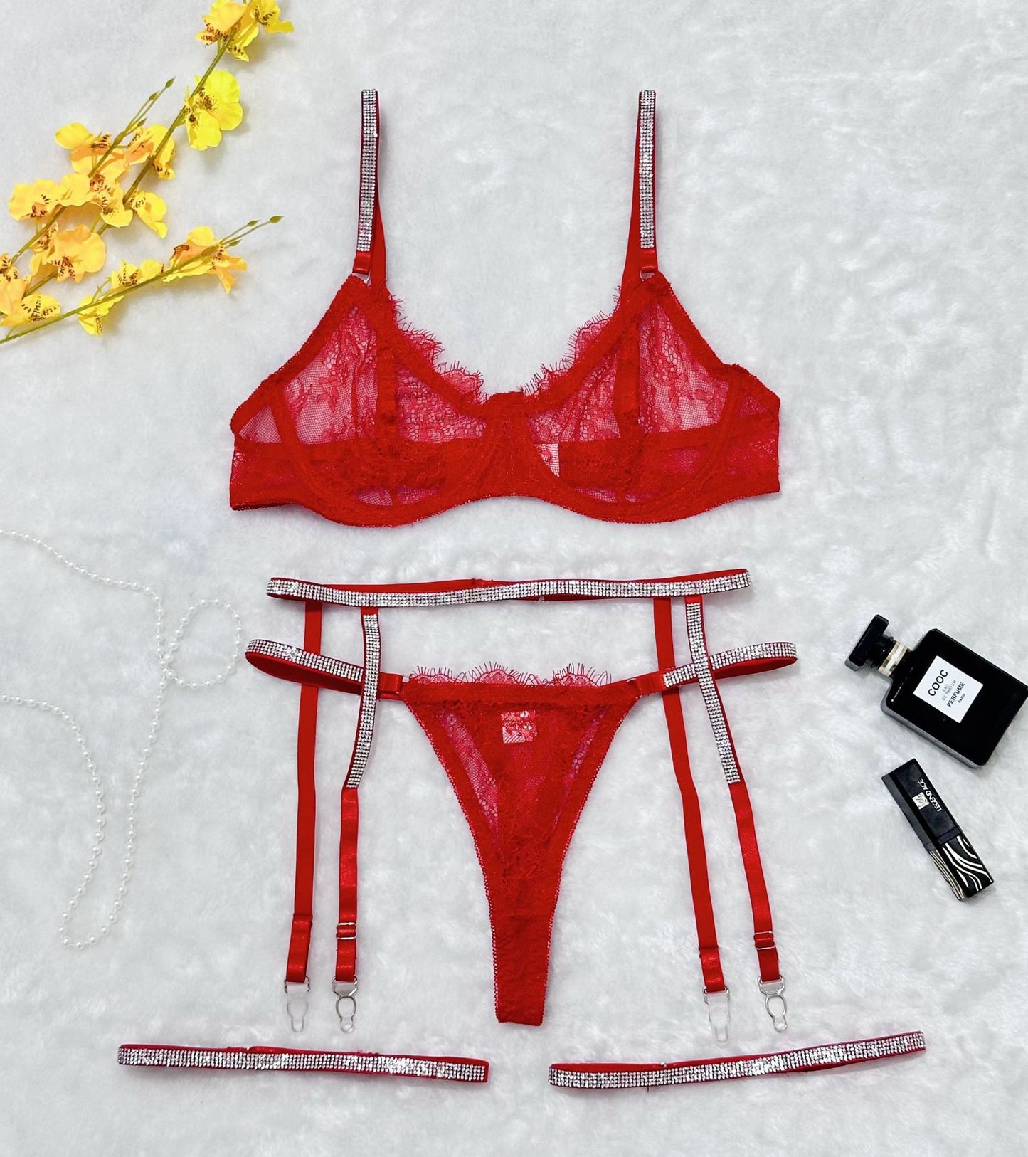 Lace T-Back Garter Four-Piece Sexy Lingerie