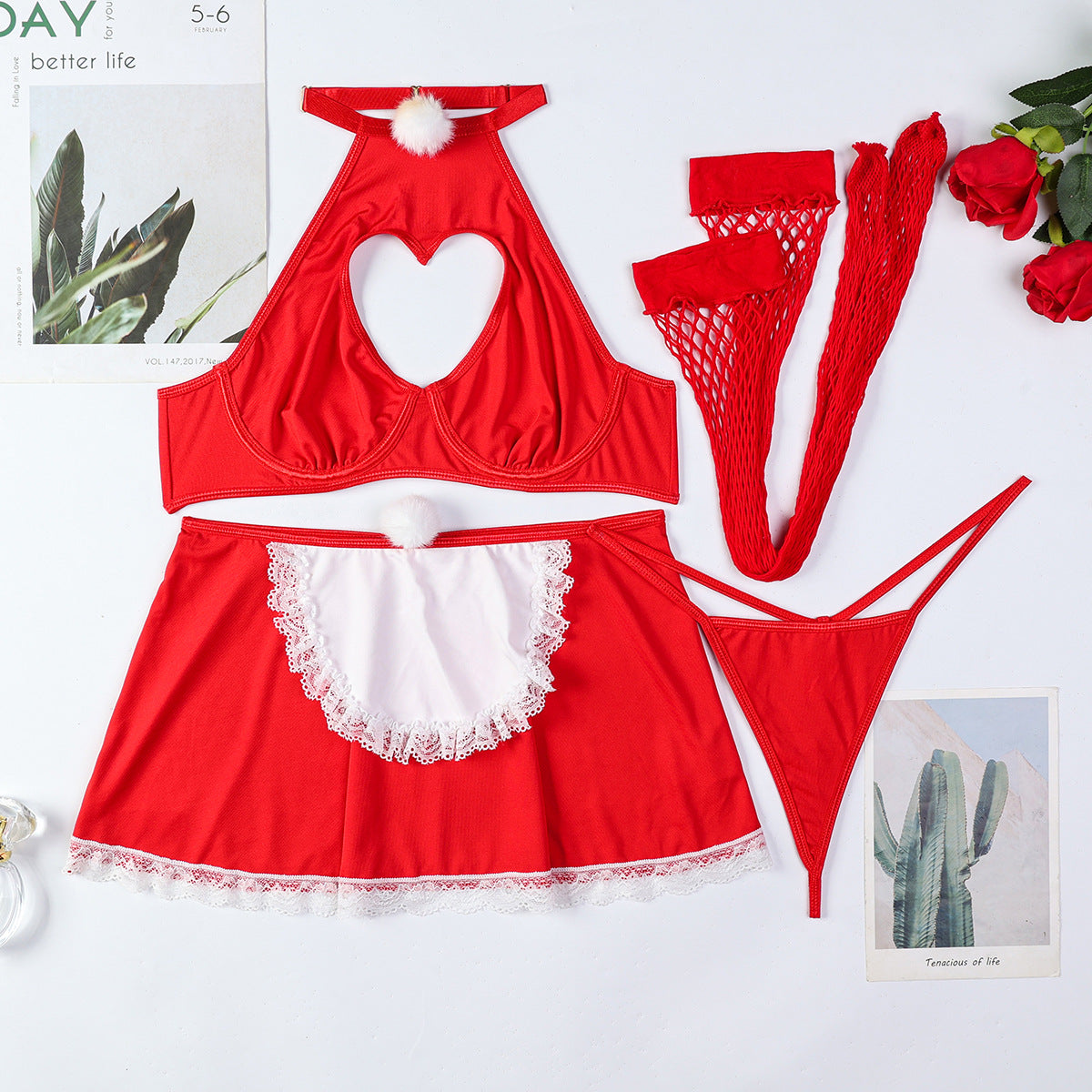Christmas Red Maid Outfit Halter-neck Heart-shaped Hollow-out Sexy Erotic Four-piece Set