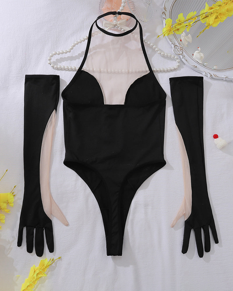 Plunging Nude Mesh Panel Bodysuit