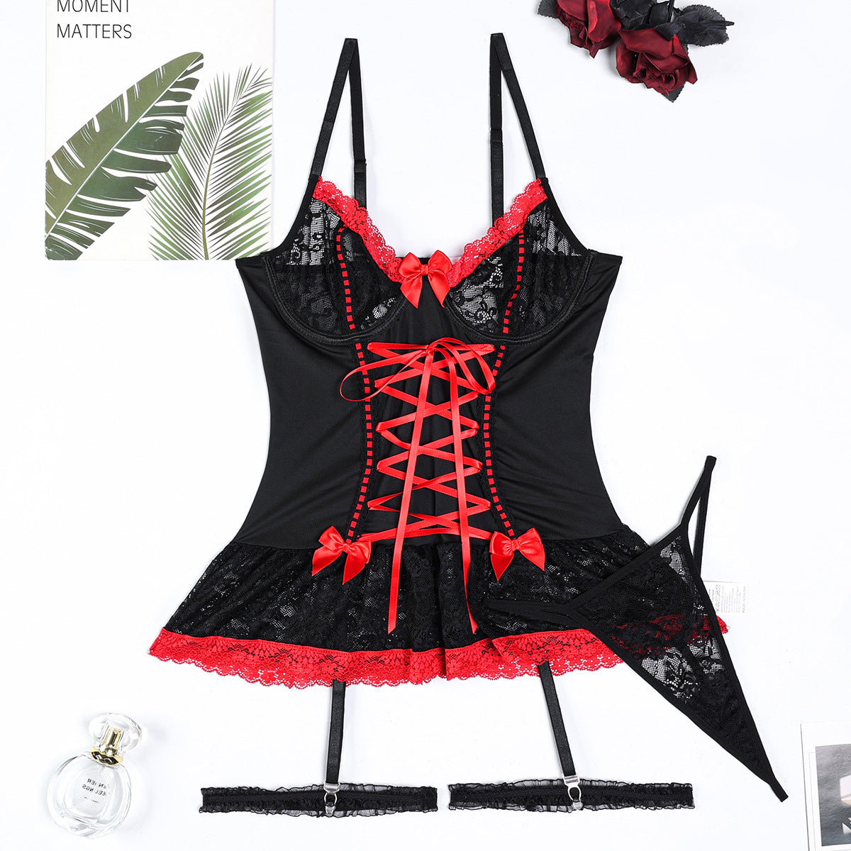 Sexy Lingerie Pure Lace Cross Straps Bow Black And White Set