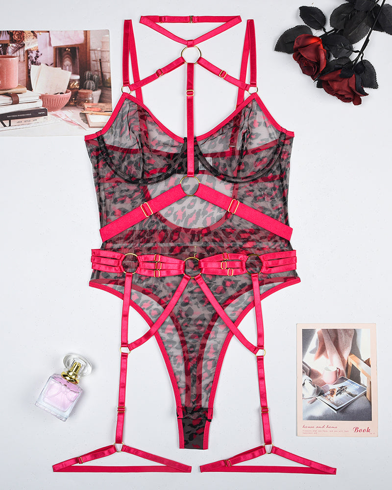 Mesh Straps Bodysuit with Steel Ring