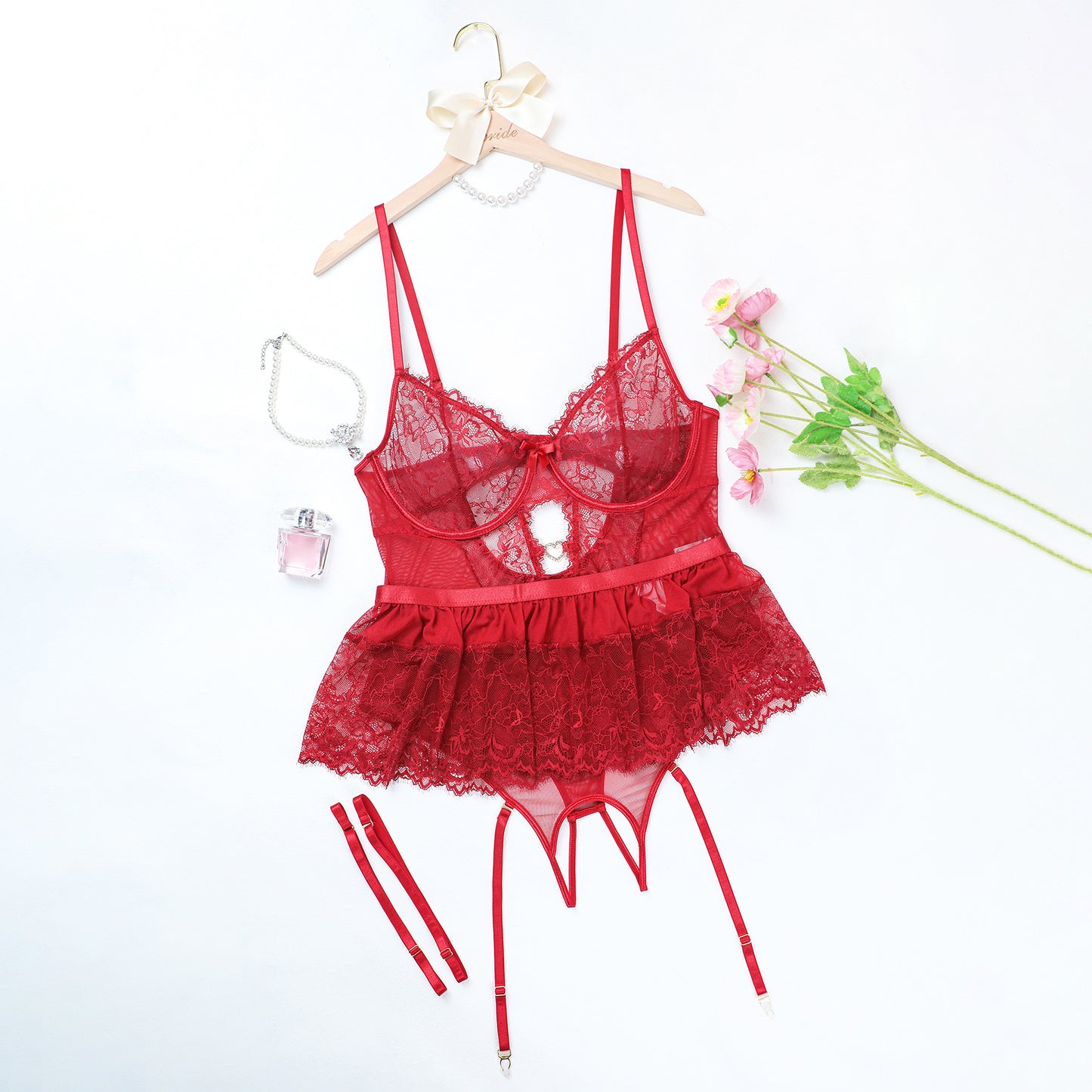 Plus - Size Lace Trimmed Bra with Steel Boning and Garter Belt Sexually Arousing Lingerie Set
