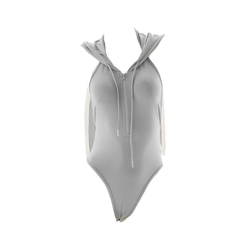 Gray Bunny Bodysuit Women Zipper Sexy Lingerie Set