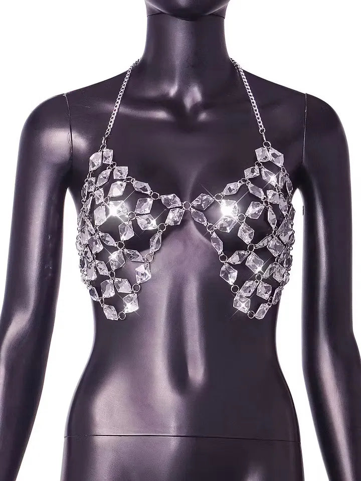 【$9.9】Shiny Crystal Pendant Backless Halter Bra