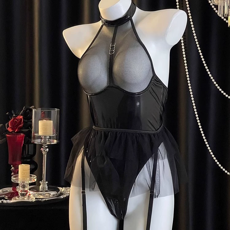 Black Wet Look Bodysuit Halter Mesh Garter Lingerie Set