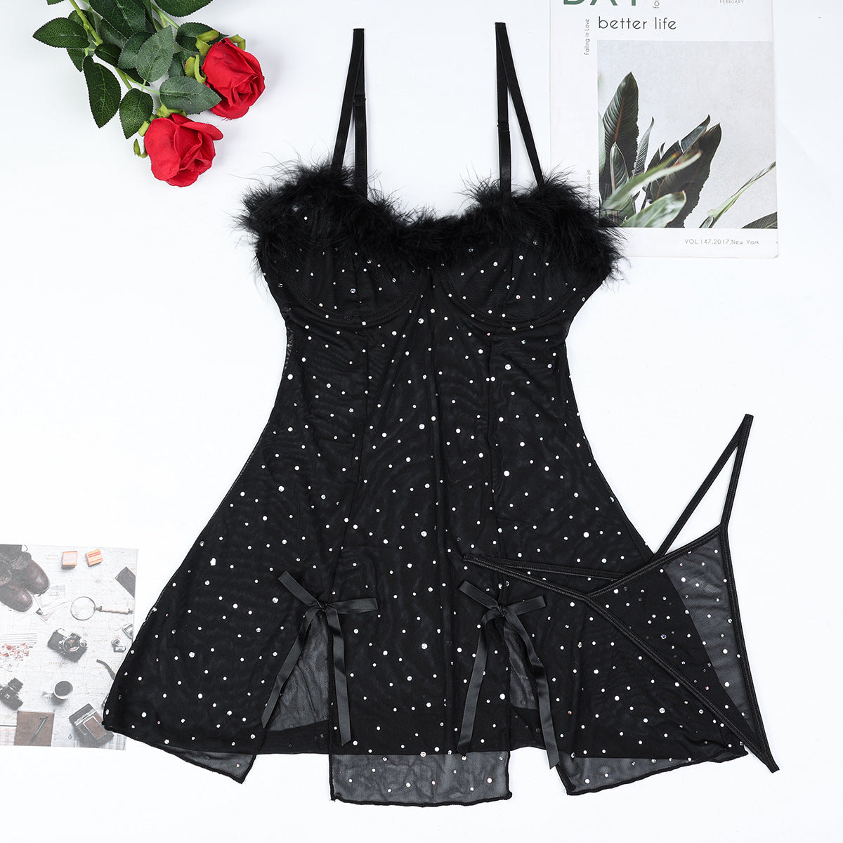 Crystal Feather Stitching See-through Stretch Split Dress