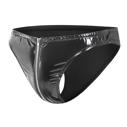 Men's PVC Patent Leather Zipper Thong Shiny Briefs
