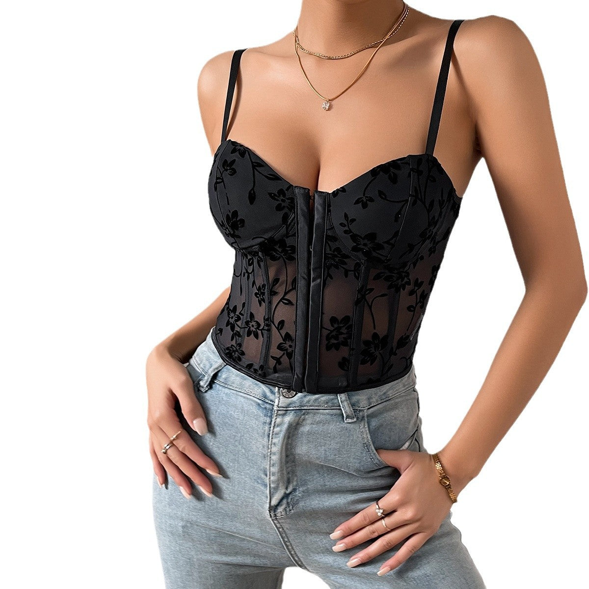 Low-Cut See-through Sling Stitching Mesh Fishbone Girdle Short