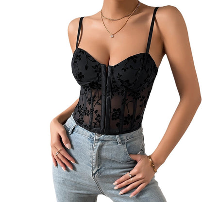 Low-Cut See-through Sling Stitching Mesh Fishbone Girdle Short