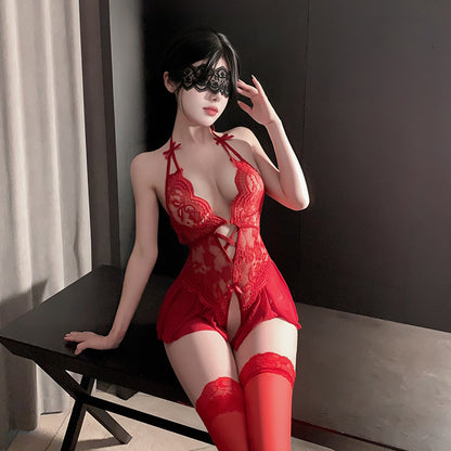 Lace Halter Babydoll Lingerie Dress with Lace-up Front Ruffled Skirt