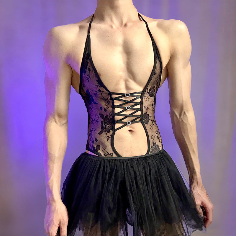 Men's Lace Halter Bodysuit with Tulle Skirt