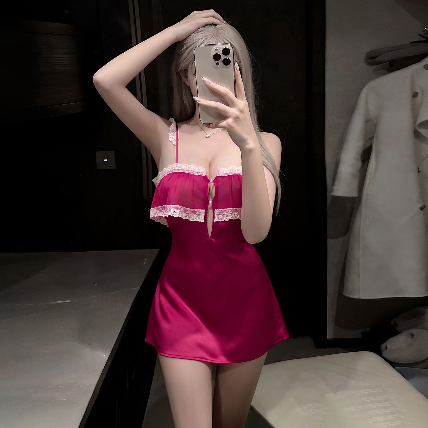 Satin Lace Trim Deep V Nightgown
