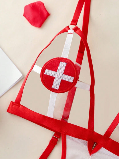 Nurse Costume Lingerie White Red Cross Teddy Bodysuit Garter Harness Set