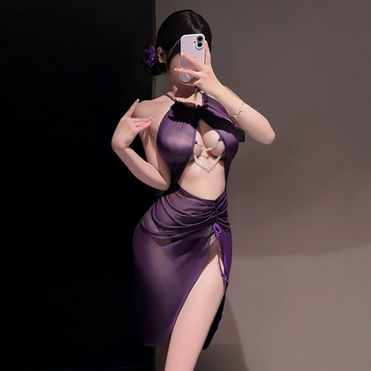 Purple Halter Lingerie Dress Pearl Chain Cut Out Sheer Mesh Ruched Slit Nightgown