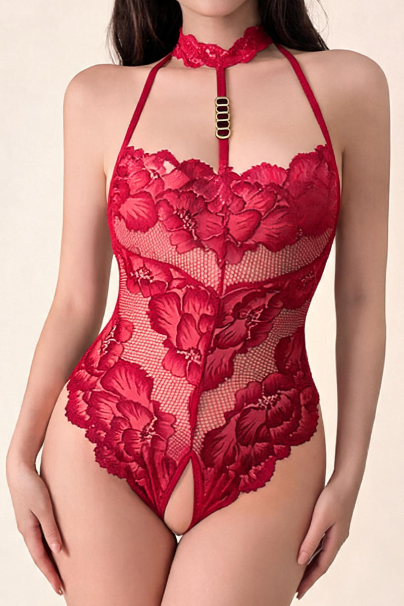 Floral Lace Teddy Bodysuit with Choker（