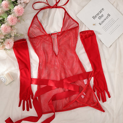 Lace Halter Neck Tie Heart-shaped Underwire Erotic Lingerie Set
