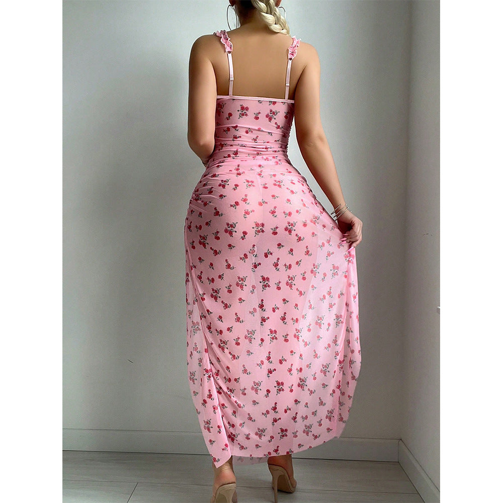 Floral Print See-through Mesh Halter Sexy Nightgown