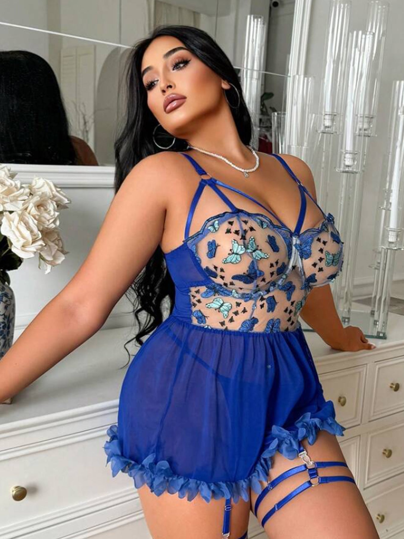 Plus Size Butterfly Embroidered Lace Sheer Dress