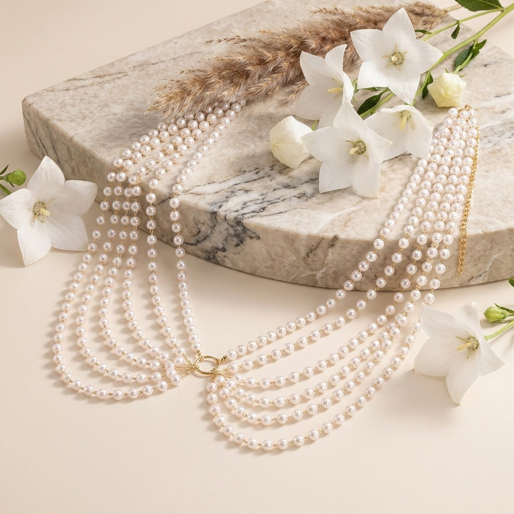 Multi Strand Faux Pearl Body Chain with O-Ring Sexy Bikini Belly Chain Accessory