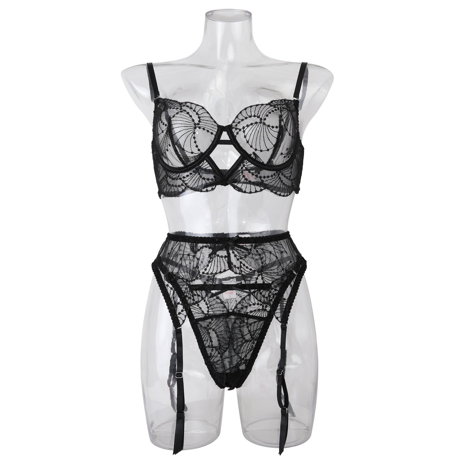 Choker Floral Lace Underwire Bra Sheer Garter Belt Panties Ultra-Sexy 3-Piece Lingerie Set