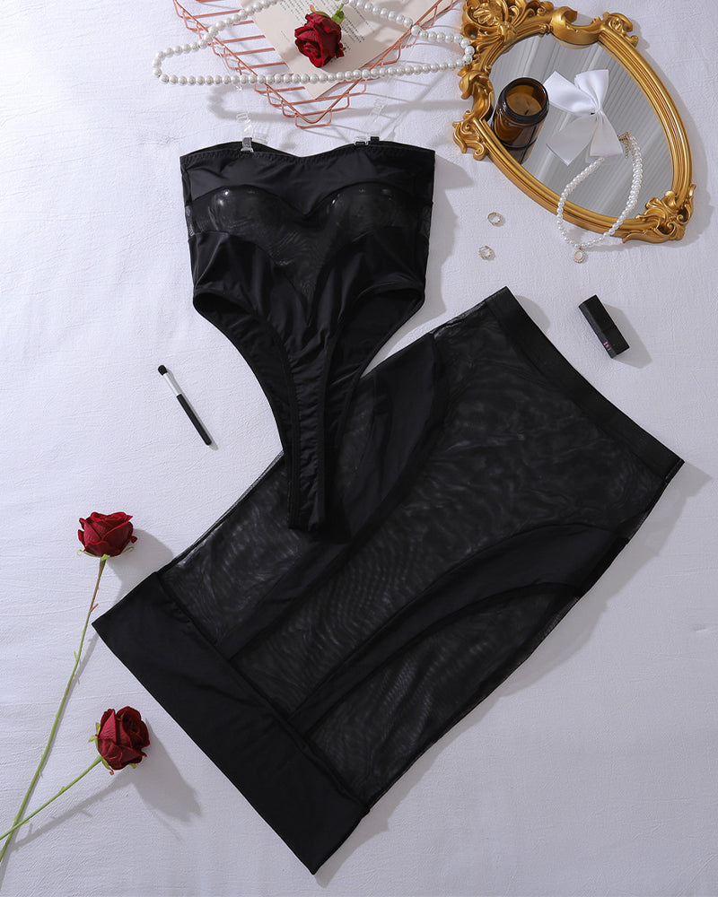 Mesh Sheer Bodysuit Skirt 2 Pieces Sets