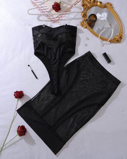 Mesh Sheer Bodysuit Skirt 2 Pieces Sets