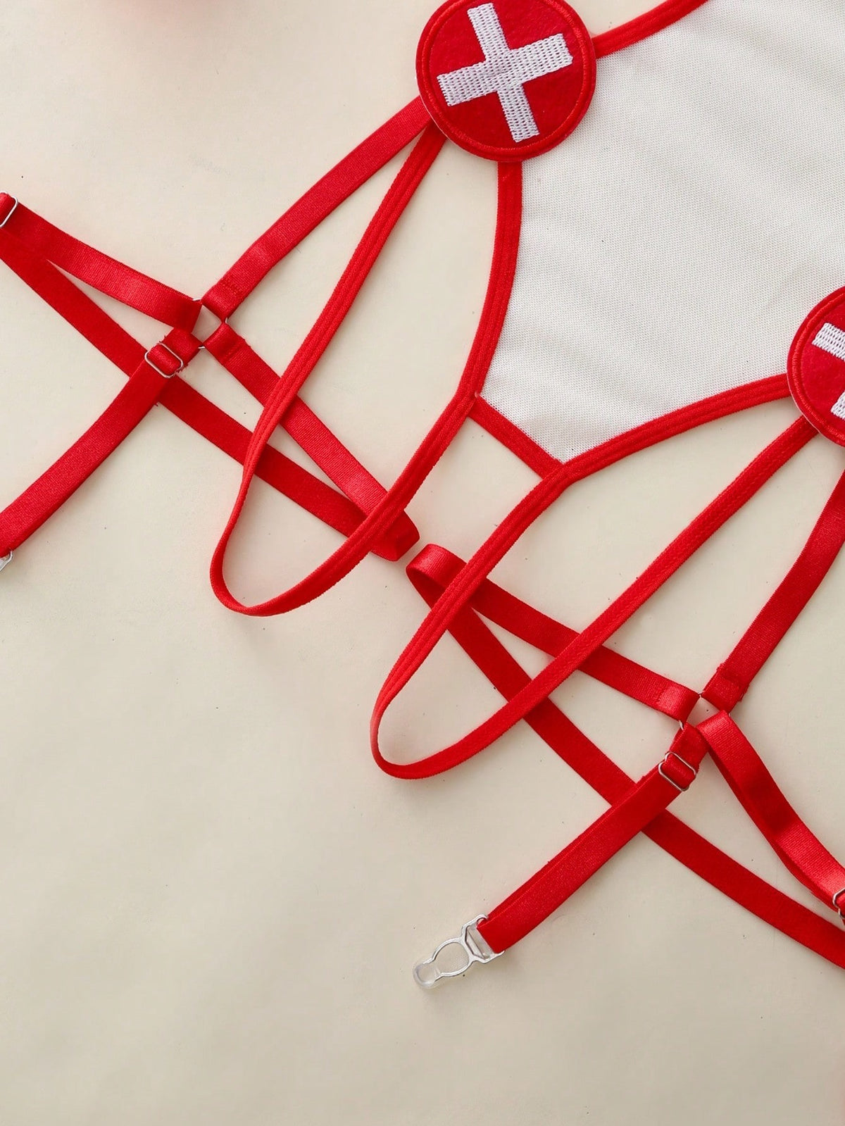 Nurse Costume Lingerie White Red Cross Teddy Bodysuit Garter Harness Set