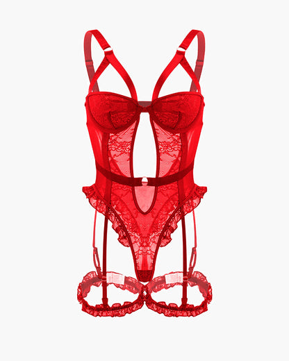 Backless Lace Garter Teddy With Leg Rings