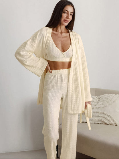 Loose Striped Long Pants Pajama Robe Set