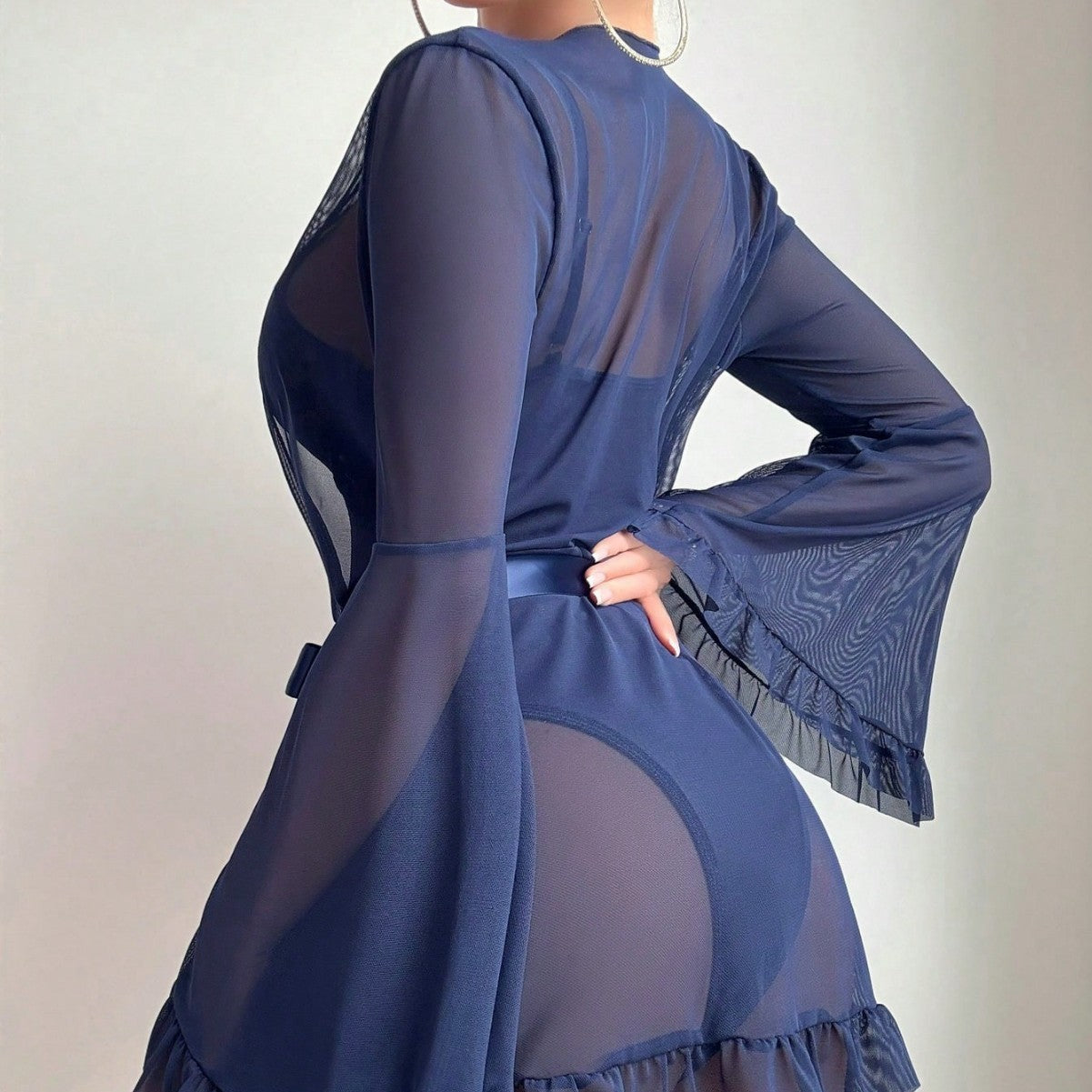 Sheer Mesh Robe with Lace Trim and Ruffled Sleeves
