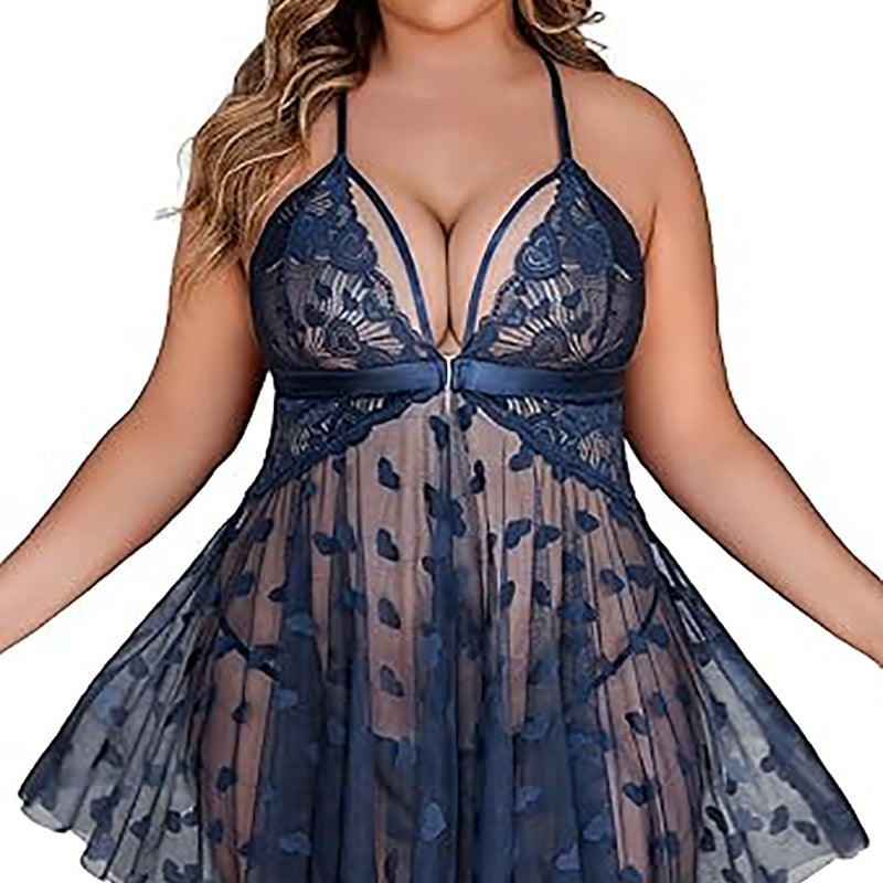 Large Cross Lace up Lace See-through Two-Piece Set Sexy Lingerie