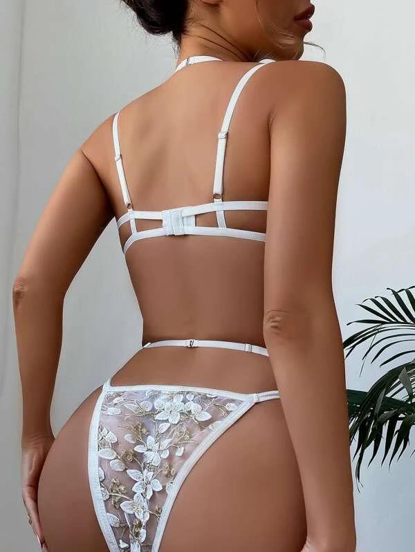 Sheer Mesh Metal Chain & Garter Belt Embroidered Corset Lingerie Set