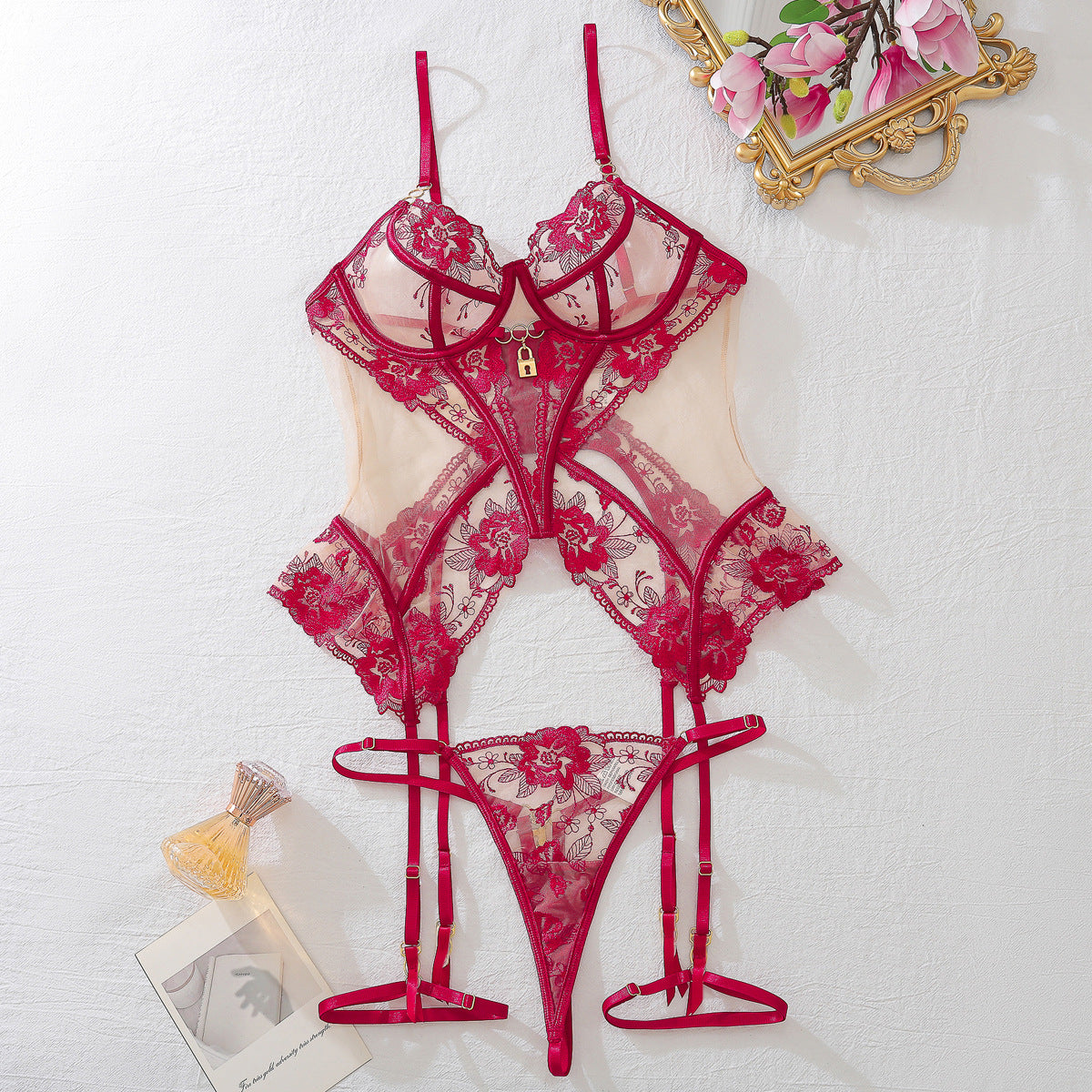 Sexy Three-Piece Lingerie Set Mesh Underwire Backless Bodysuit Removable Garter Belt