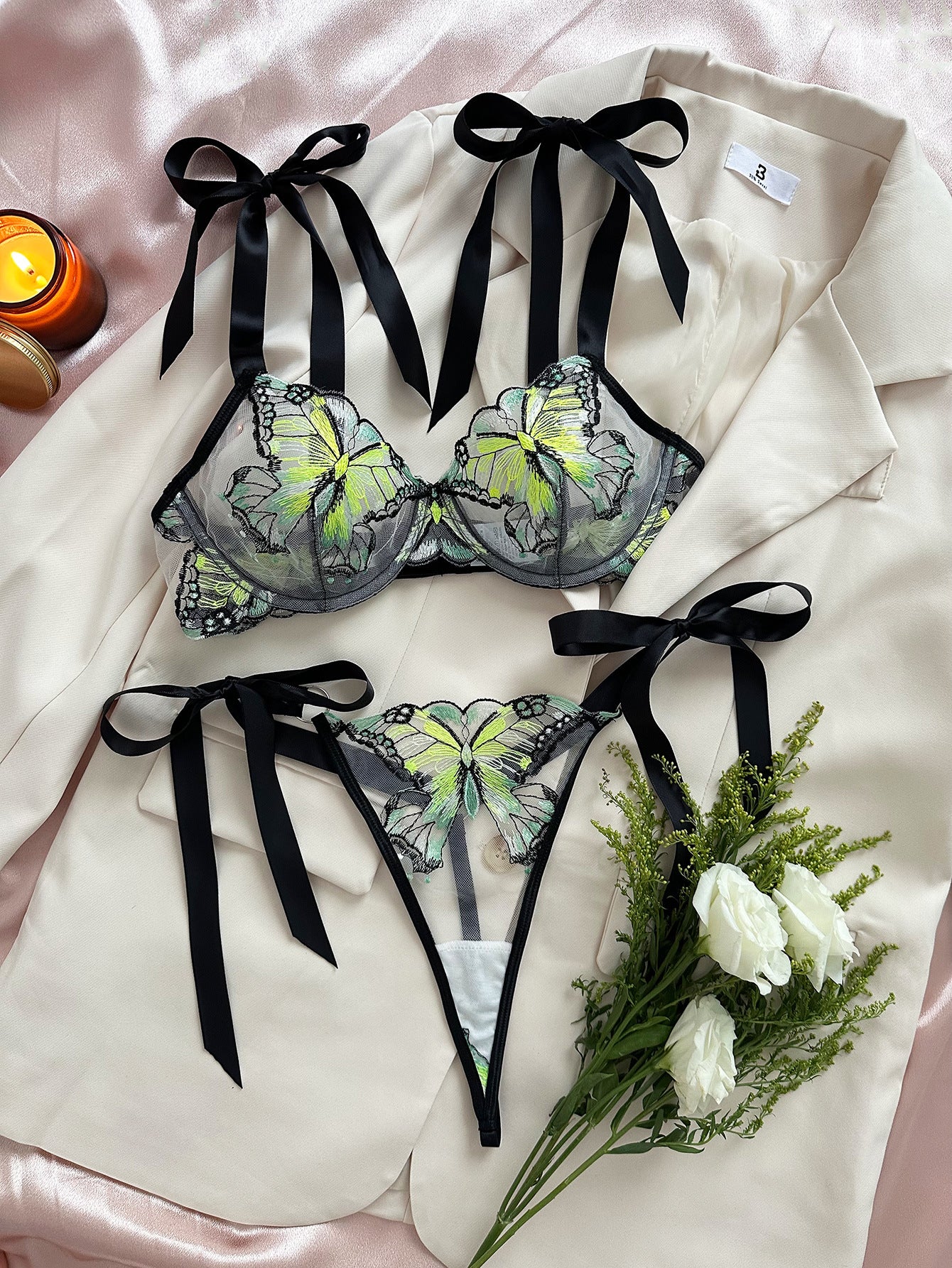 Butterfly Mesh Embroidery See-through Sexy Lingerie Set