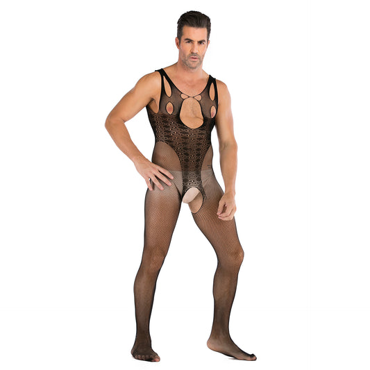 Men's See-through Open-chest Mesh Jumpsuit
