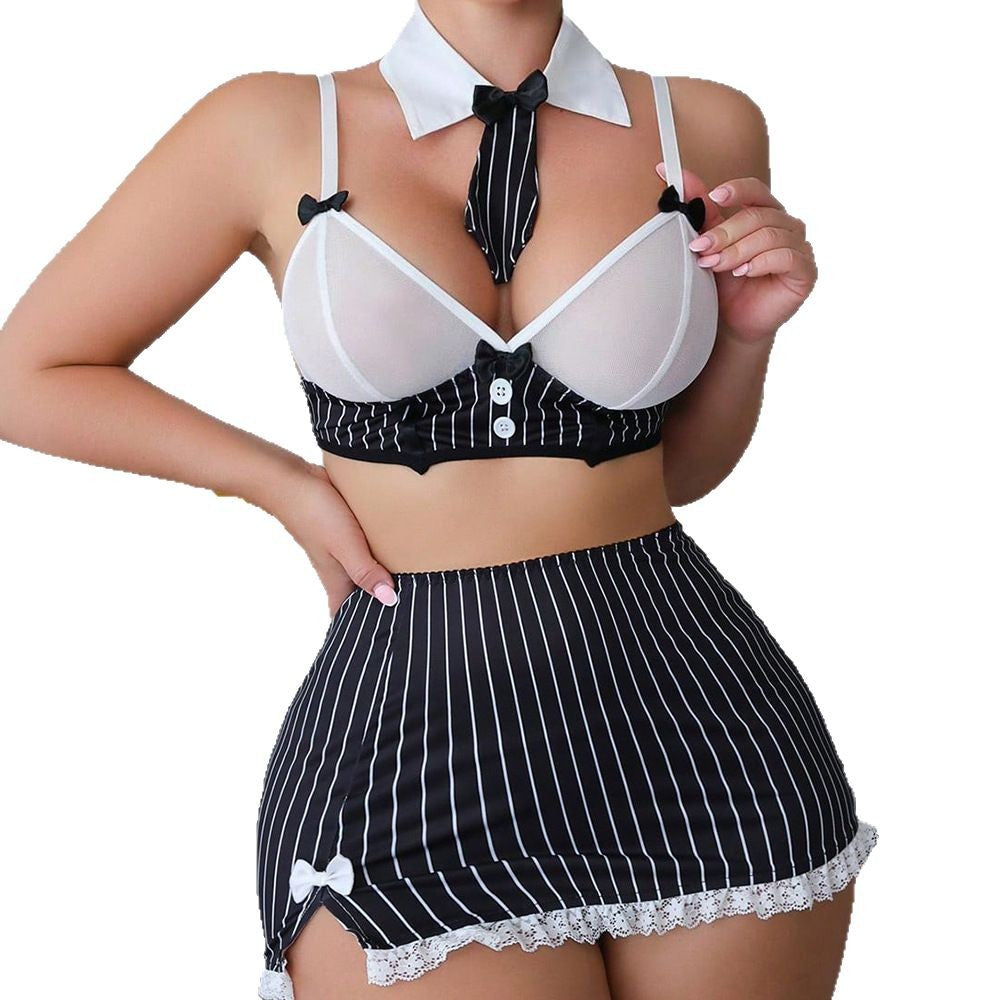 Sexy Striped Bow Teacher Roleplay Sexy Lingerie Set