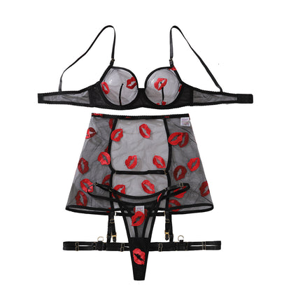 Mesh Transparent Embroidered Red Lips Sexy Lingerie