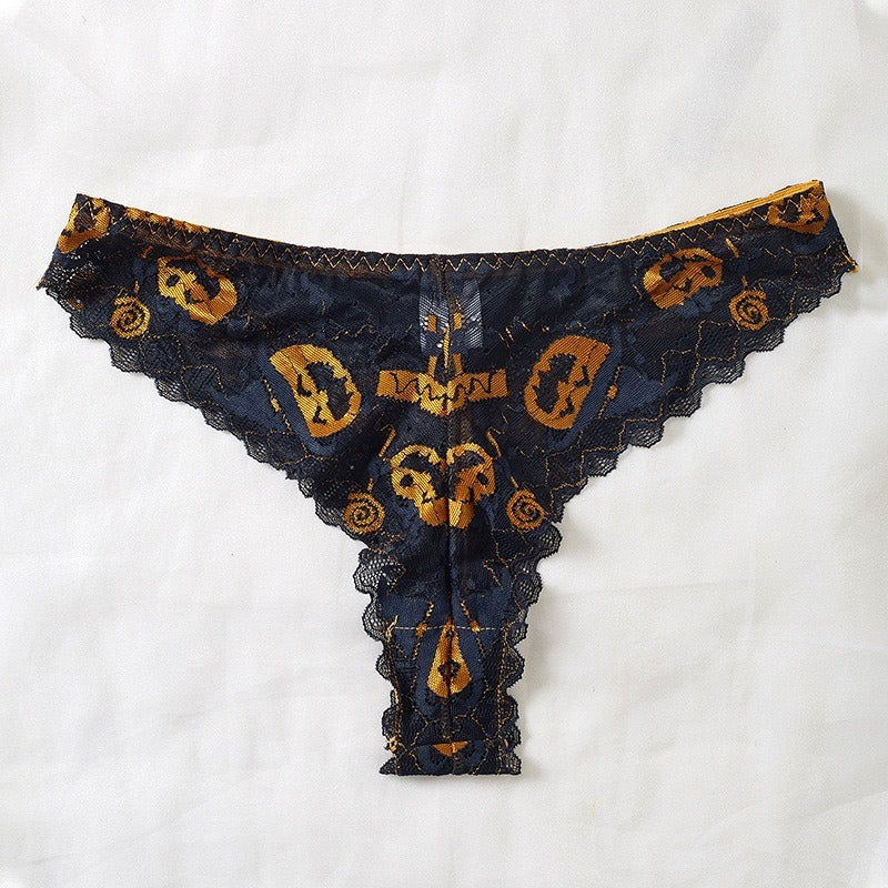 Halloween Pumpkin Print Lingerie Set 3 Piece Lace Bralette Garter Belt & Thong