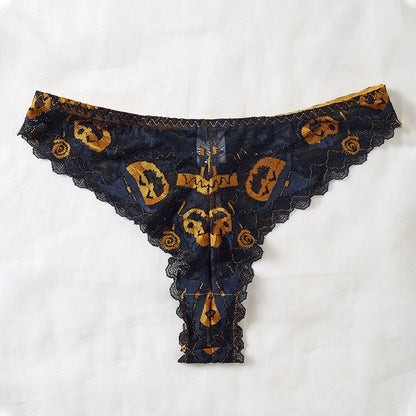 Halloween Pumpkin Print Lingerie Set 3 Piece Lace Bralette Garter Belt & Thong