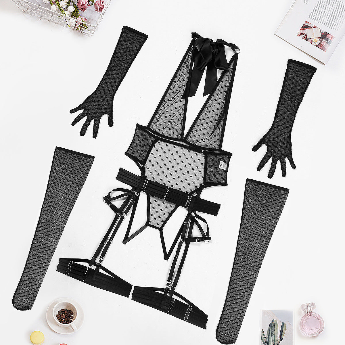 Dot Mesh Deep V Lace-up Halterneck Jumpsuit Five-Piece Suit