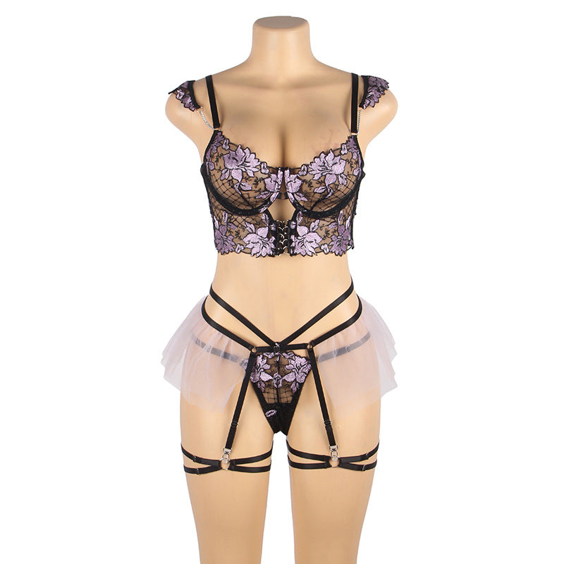 Women's Sexy Lace Embroidery Bra Set Underwire Gathered Sexy Underwear