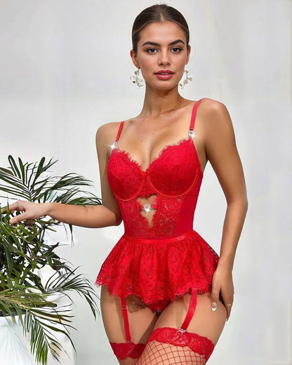 Lace Hollow Out Bodysuit Mini Skirt with Garter